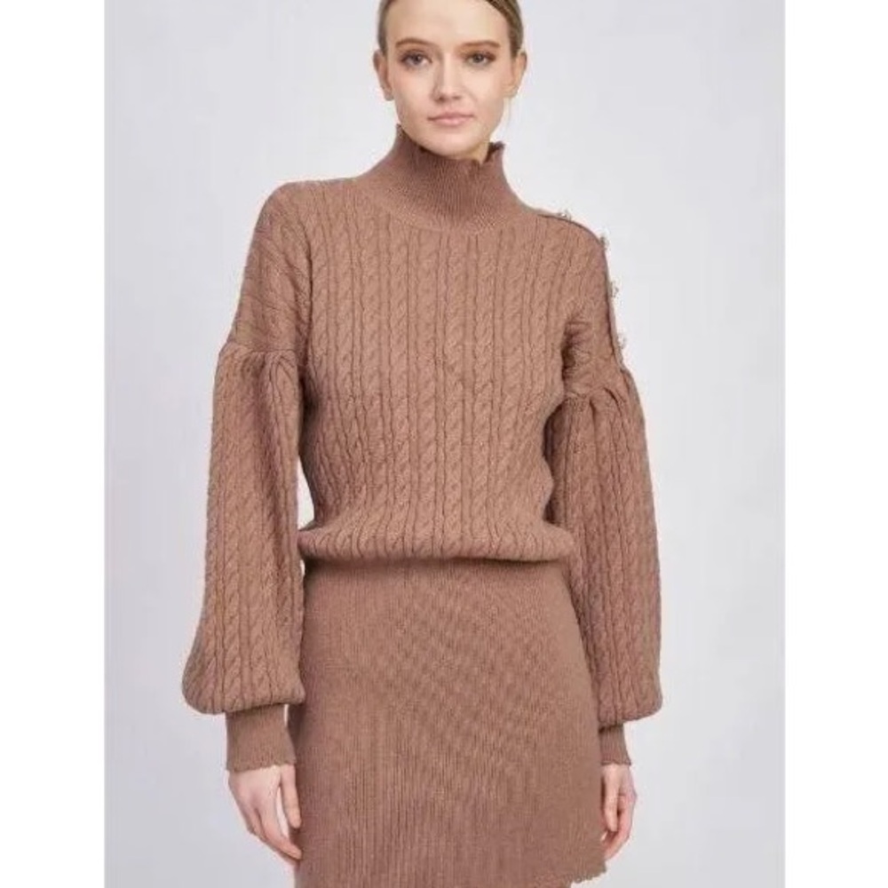 En Saison Cable Knit Turtleneck Dress - Brown